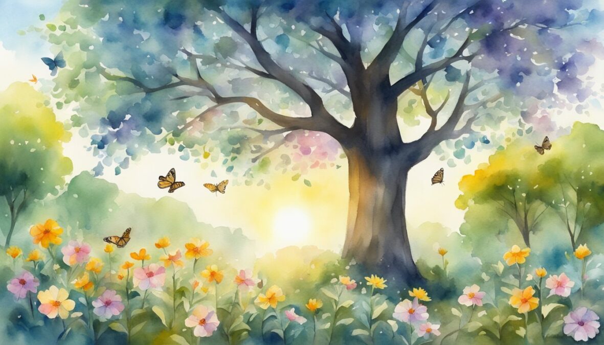 A garden with a blooming tree, surrounded by butterflies and birds, under a clear sky with the sun shining brightly