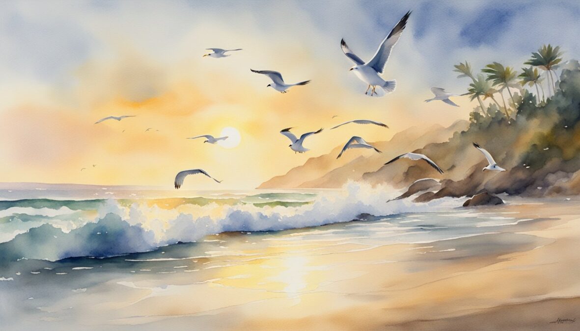 A serene beach at sunrise, with waves gently crashing onto the shore.</p><p>A pair of seagulls gracefully soar overhead, their wings illuminated by the golden light