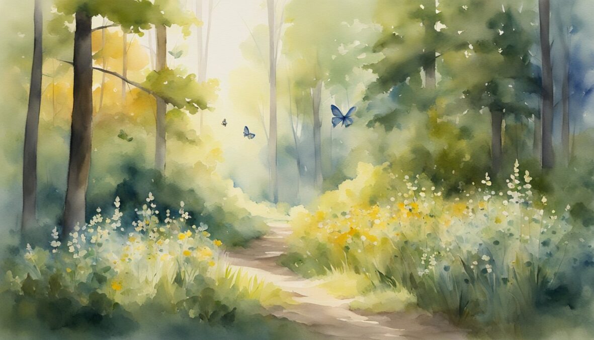 A serene forest clearing with sunlight filtering through the trees, illuminating a cluster of wildflowers.</p><p>A gentle breeze rustles the leaves as a pair of butterflies flit around, creating a sense of peace and harmony