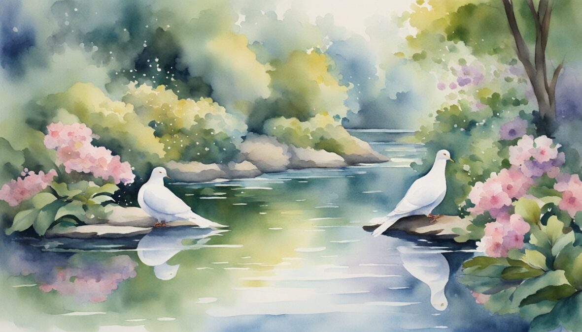 A serene garden with blooming flowers, two doves cooing on a branch, and a gentle breeze creating ripples on a calm pond