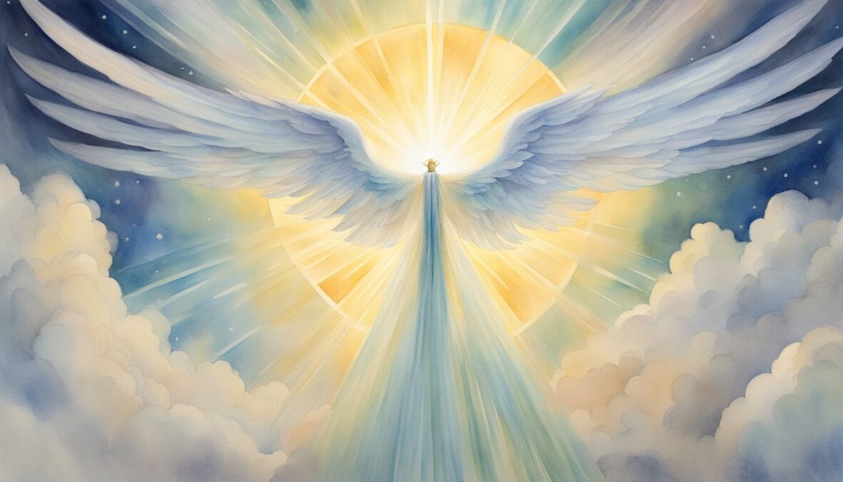 A bright halo surrounds the number 330, with angelic wings extending from its sides.</p></noscript><p>Rays of light emanate from the center, creating a sense of divine presence