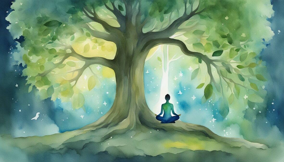 A serene figure meditates under a tree, surrounded by symbols of growth and self-discovery.</p></noscript><p>The number 41 glows softly overhead