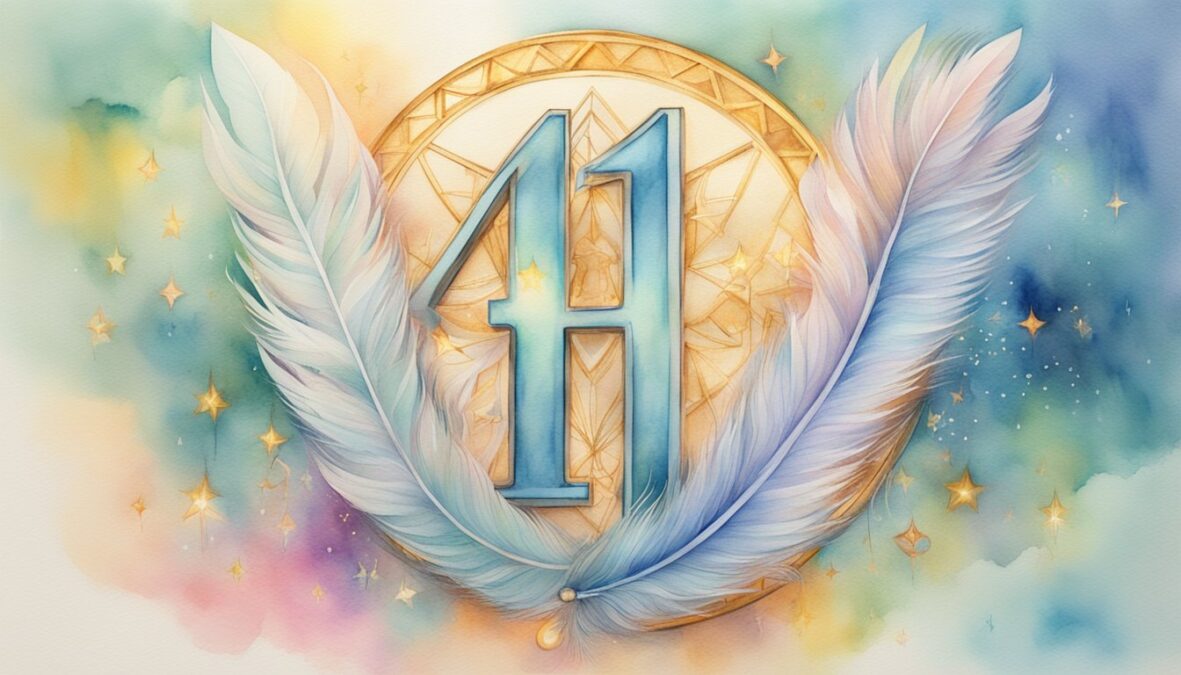 A glowing number "41" surrounded by angelic symbols and feathers