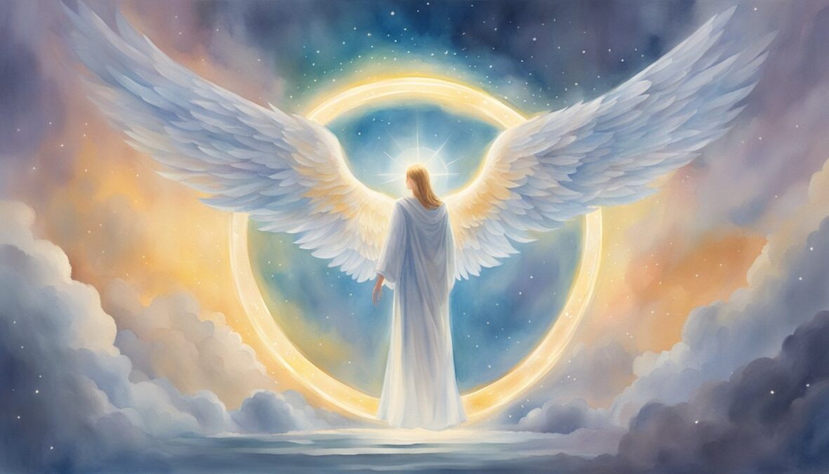 A glowing halo hovers above a set of numbers, with angelic wings extending from the sides.</p></noscript><p>A sense of divine presence emanates from the scene