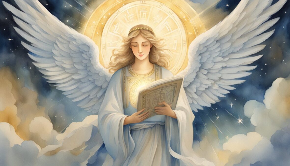 A radiant angel holding a scroll with the numbers 1119 written on it, surrounded by beams of light and celestial symbols