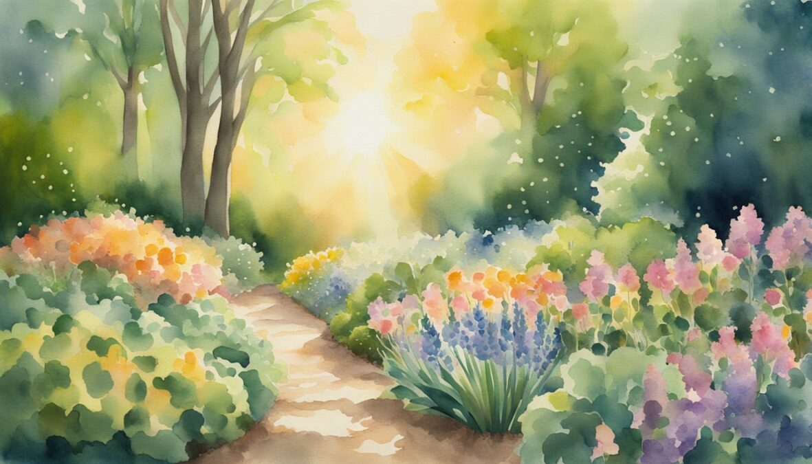 A radiant beam of light shines down onto a blooming garden, symbolizing spiritual and personal growth.</p></noscript><p>The number 1119 is subtly etched into the soil
