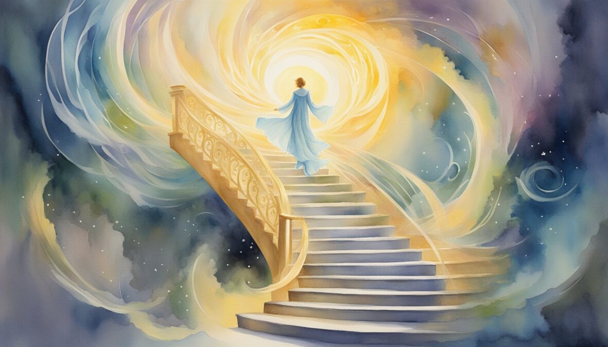 A glowing figure ascends a staircase, surrounded by swirling energy and illuminated by the presence of the 1119 angel number