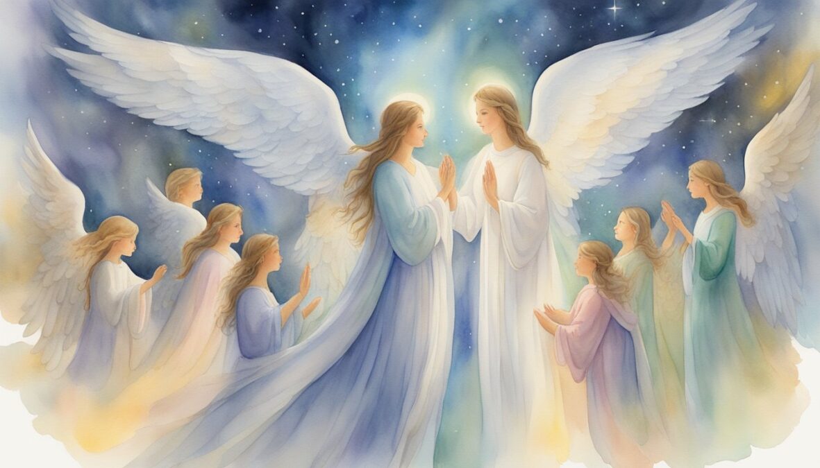 Angels surround a person, guiding with intuition. 1151 angel number glows above, symbolizing divine presence and guidance