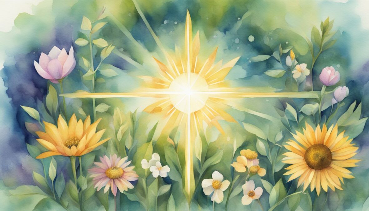 A beam of light shines down onto a blooming flower surrounded by symbols of growth and transformation, with the number 127 glowing in the background
