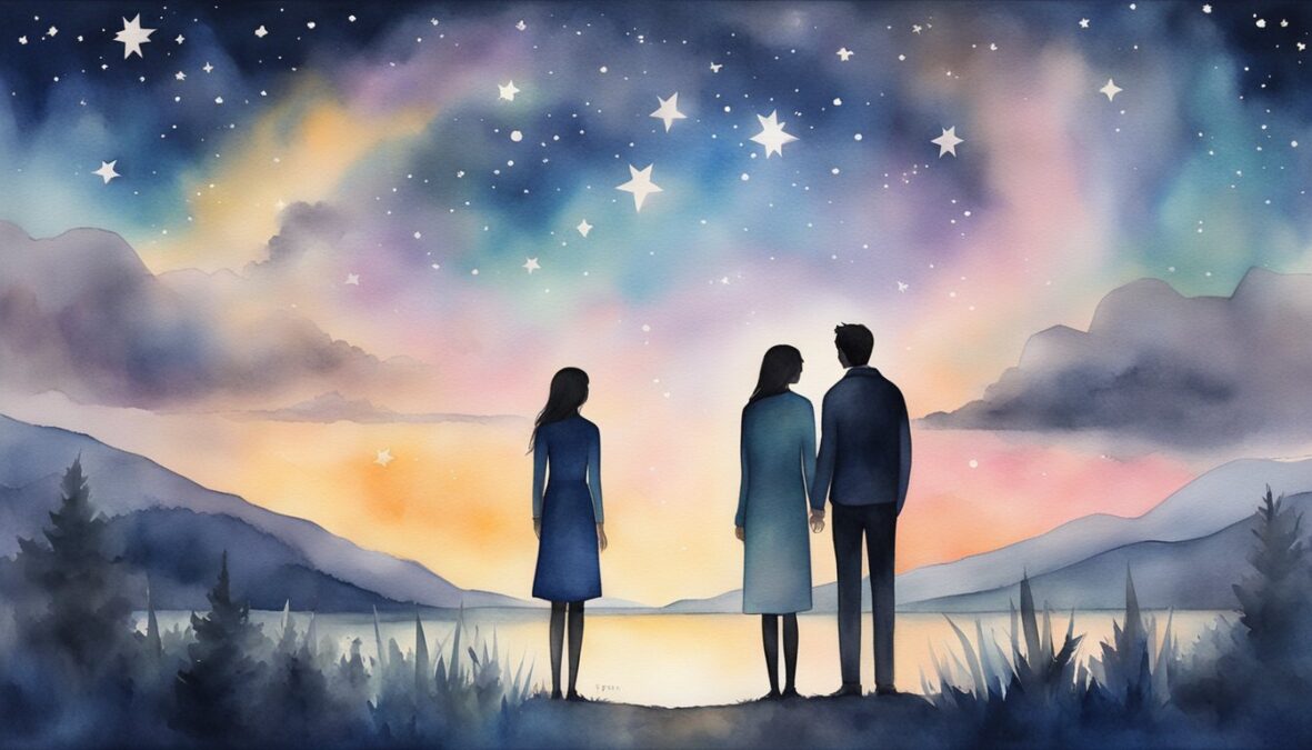 A couple standing under a sky filled with stars, surrounded by the number 26 in various forms, symbolizing love and harmony