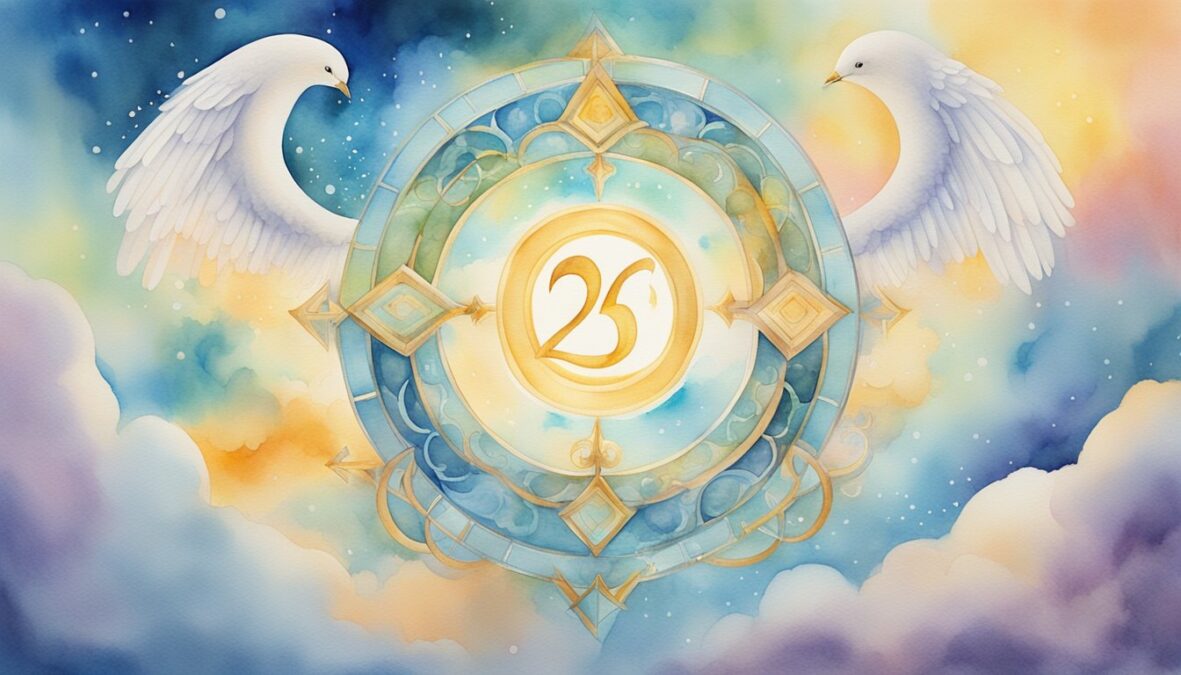 The number 26 surrounded by angelic symbols and clouds, with a glowing aura emanating from it