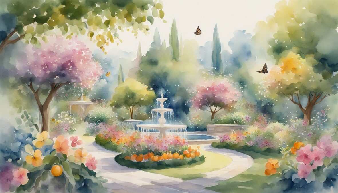 A lush garden with blooming flowers, overflowing fruit trees, and sparkling fountains, surrounded by butterflies and birds in flight
