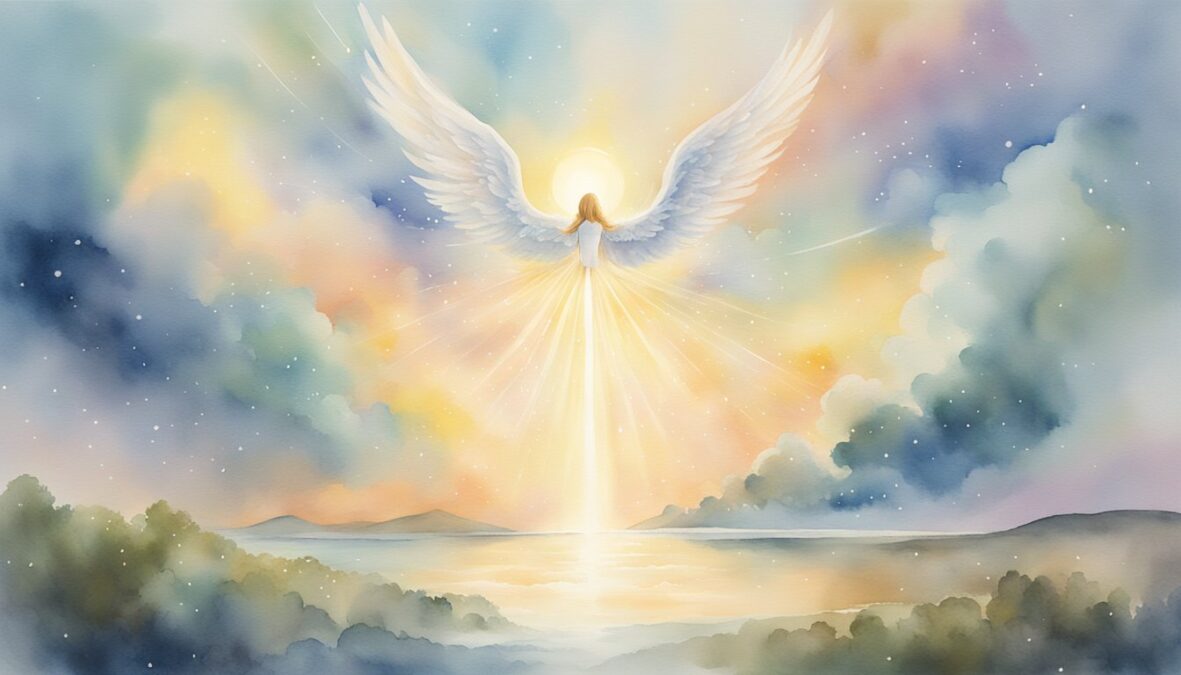 A glowing 369 angel number hovers above a serene landscape, surrounded by celestial light and gentle wisps of clouds