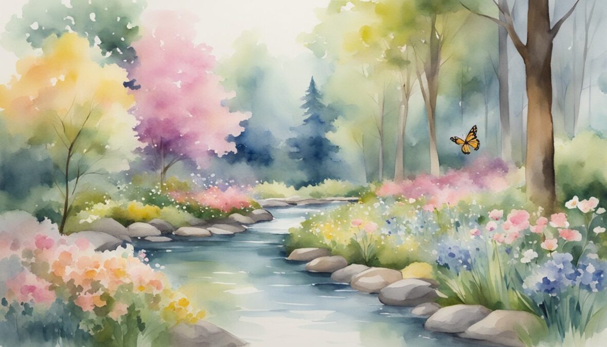 A serene garden with blooming flowers and butterflies, surrounded by tall trees and a gentle flowing stream