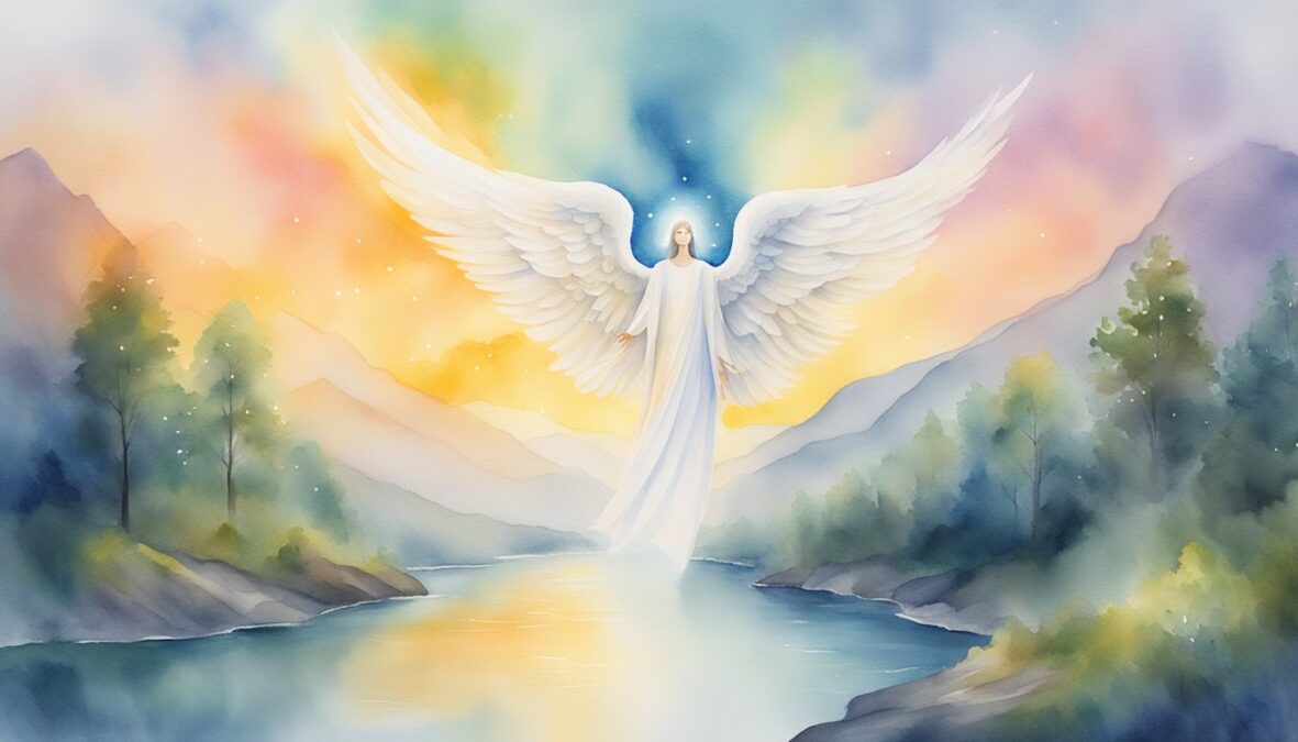 A glowing 9090 angel number hovers above a serene landscape, radiating divine energy and spiritual significance