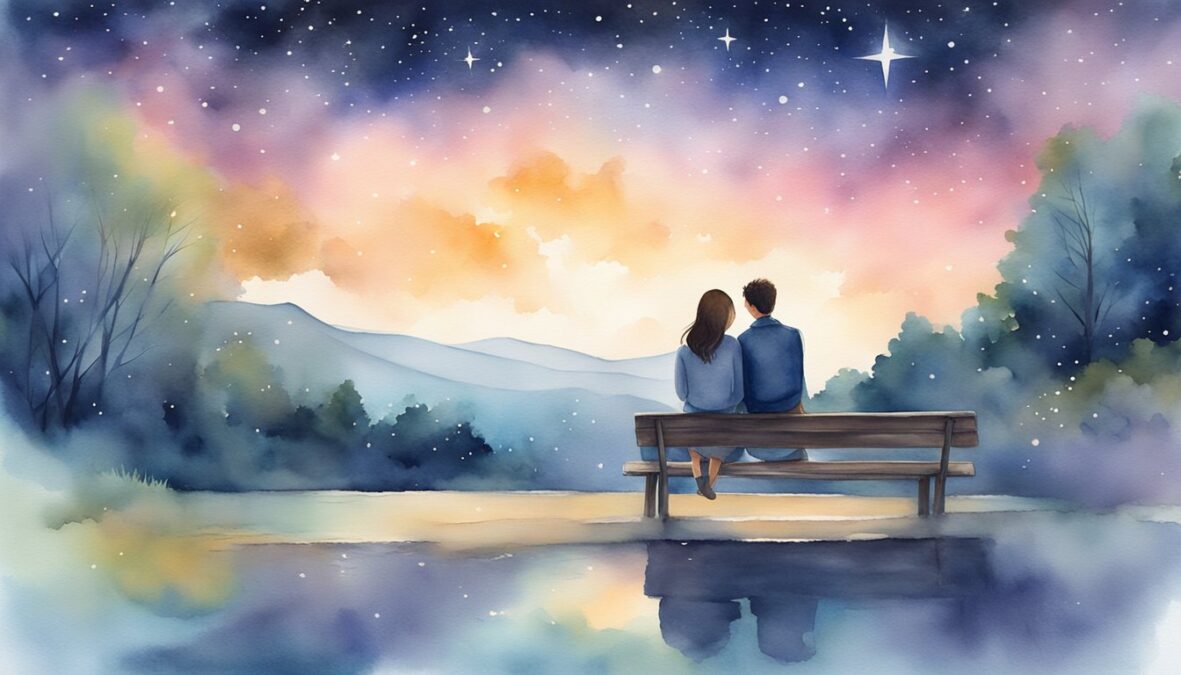 A couple sits under a starry sky, surrounded by the glow of 9090 angel number, symbolizing love and relationships
