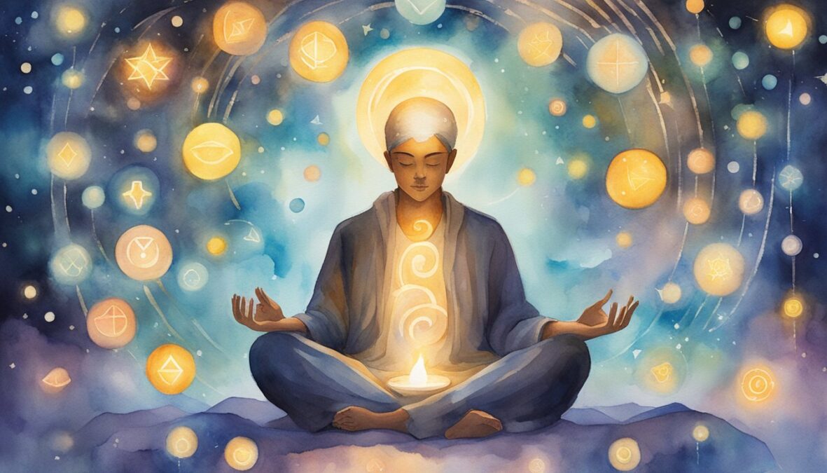 A figure surrounded by glowing symbols, meditating with eyes closed, while receiving messages from the universe