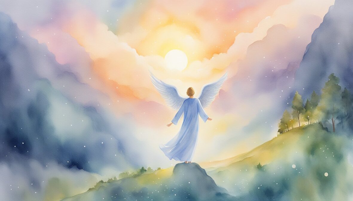 A glowing 1012 angel number hovers above a serene landscape, surrounded by celestial light and peaceful energy