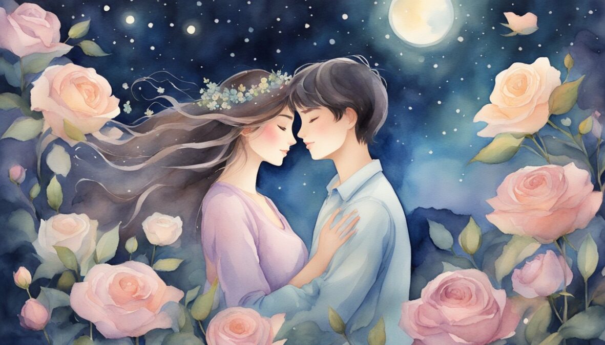 A couple embraces under a starry sky, surrounded by blooming roses and a gentle breeze, symbolizing love and harmony