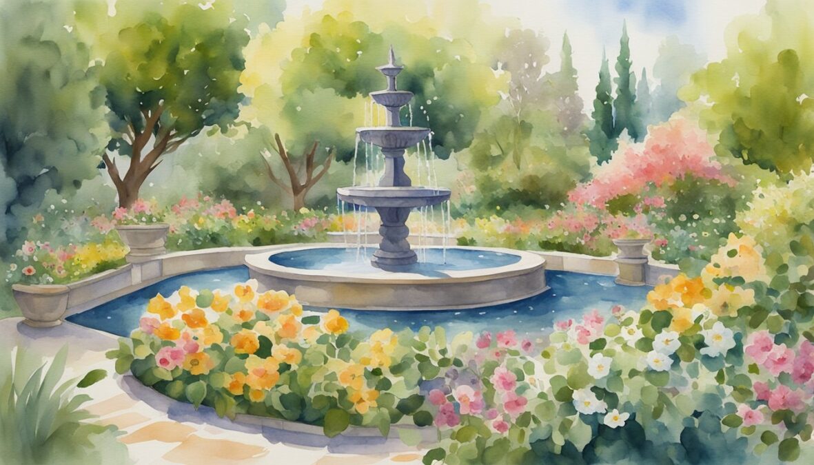 A lush garden with blooming flowers, overflowing fruit trees, and a flowing fountain, surrounded by symbols of prosperity and achievement