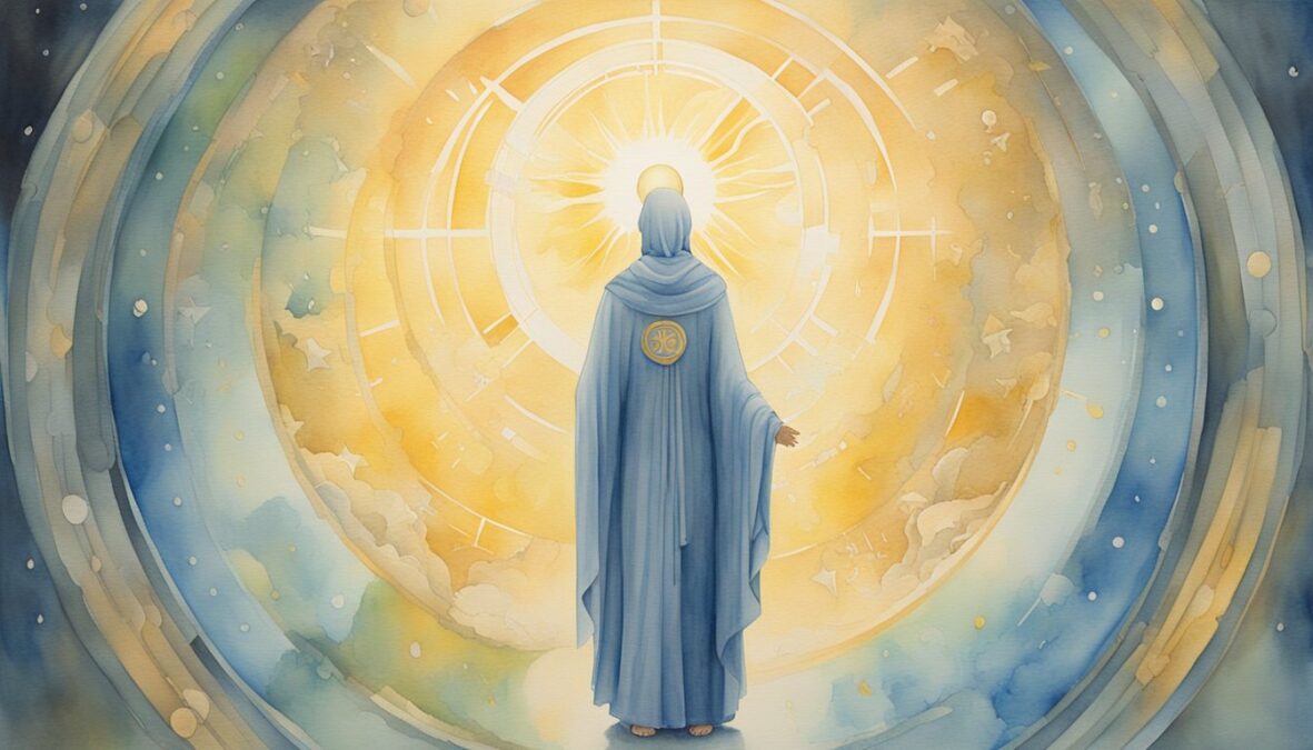 A serene figure stands beneath a glowing halo, surrounded by symbols of guidance and protection.</p></noscript><p>The number 147 is prominent, radiating a sense of purpose and divine influence