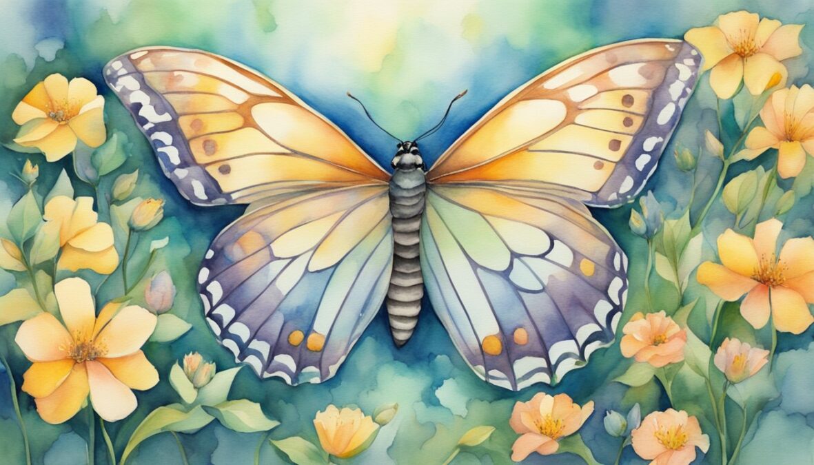 A butterfly emerges from a chrysalis, surrounded by blooming flowers and two intertwined infinity symbols, representing the transformative energy of angel number 228