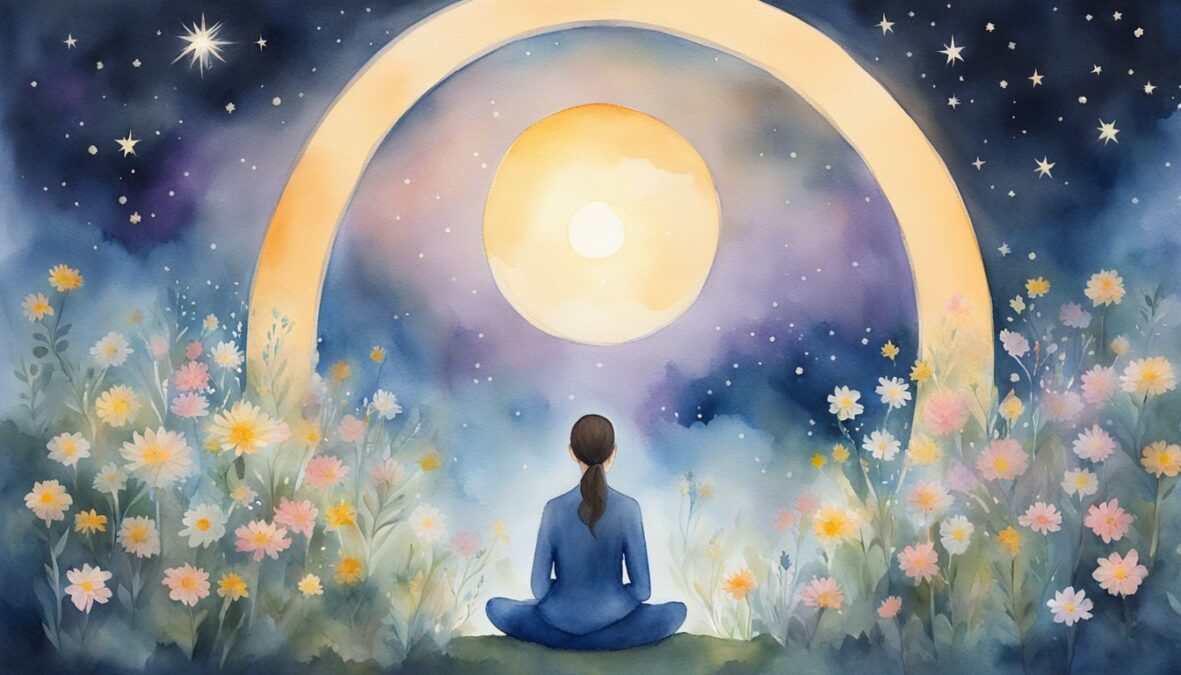 A serene figure meditates under a starry sky, surrounded by blooming flowers and a glowing halo of light, while the number 314 hovers in the air