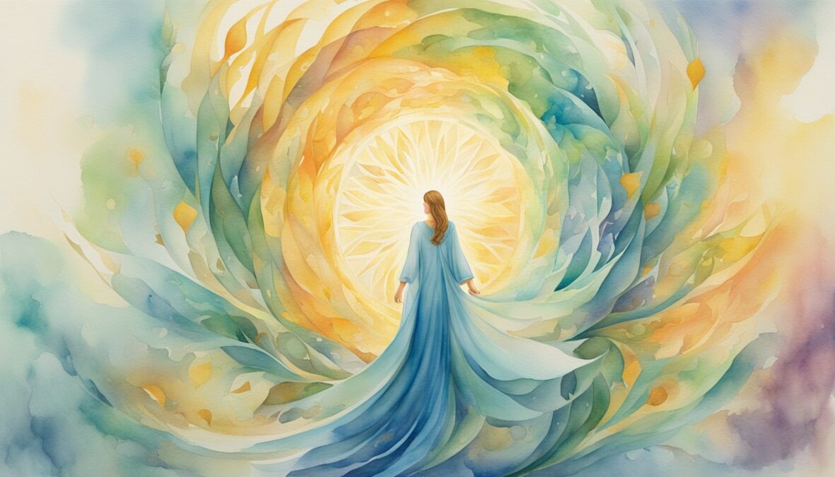 A radiant figure ascends through a swirling portal, surrounded by symbols of growth and change