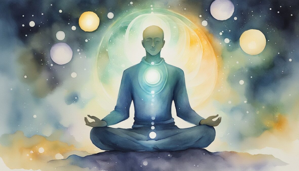 A calm figure sits in meditation, surrounded by glowing orbs and ethereal energy.</p></noscript><p>The number 53 appears prominently, radiating a sense of spiritual connection