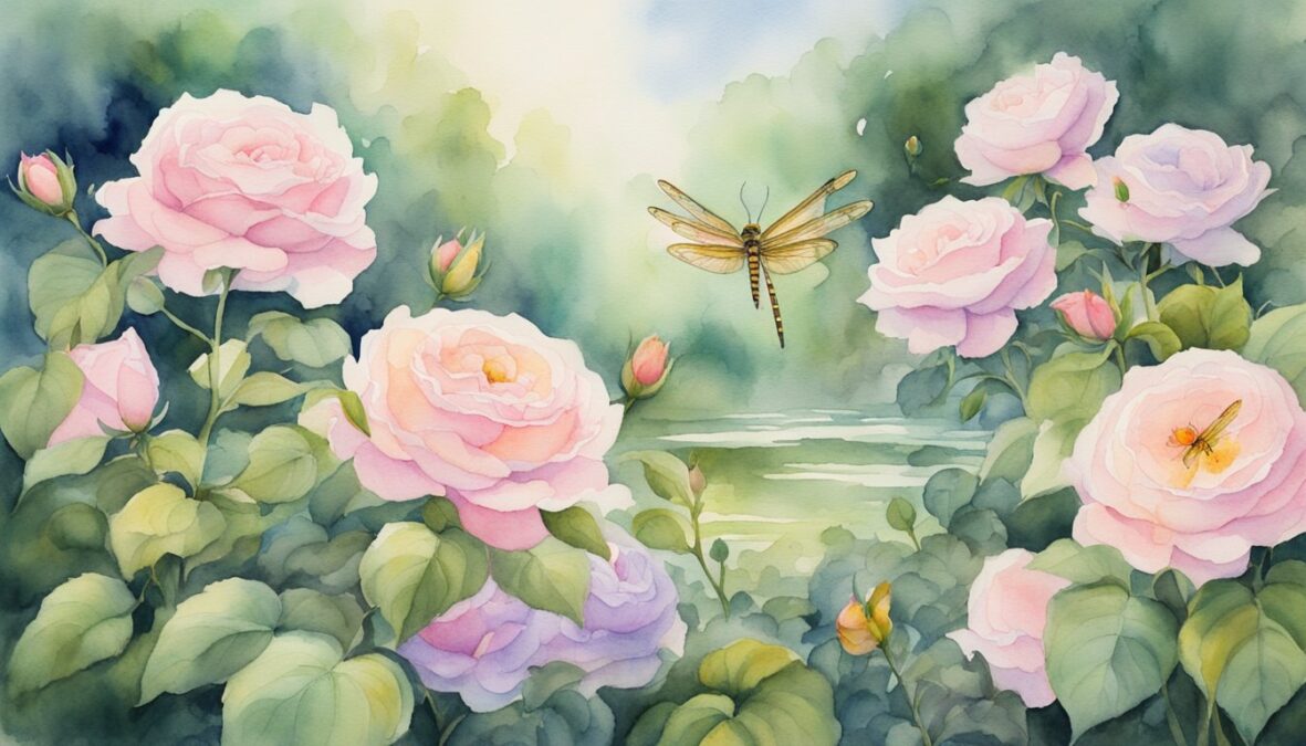 A serene garden with four blooming rose bushes, each with six flowers, and a pair of dragonflies hovering above, forming the number 6767