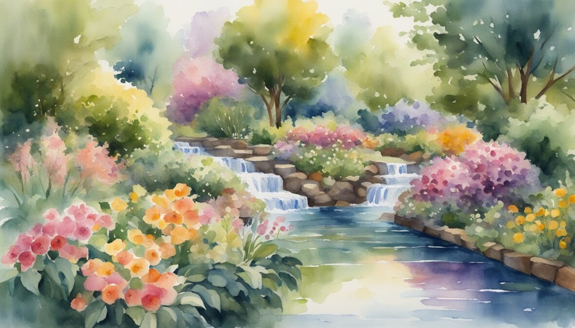 A lush garden with blooming flowers, ripe fruits, and flowing water, surrounded by a peaceful and serene atmosphere