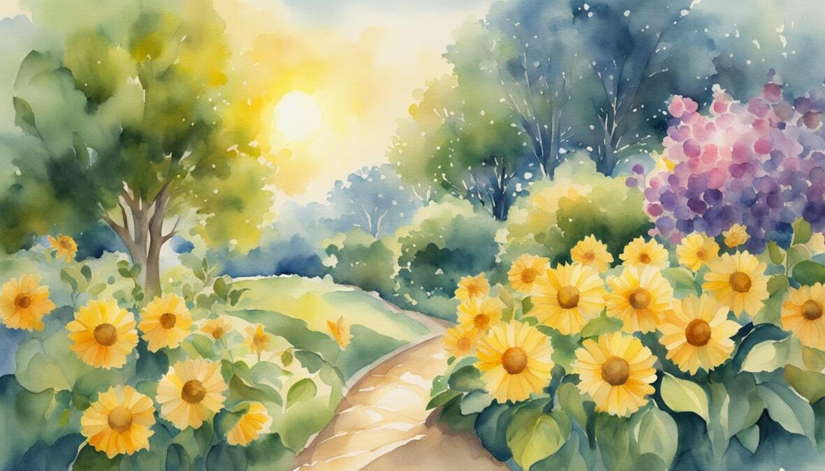 A golden sun radiates light onto a lush garden, where blooming flowers and overflowing fruit trees symbolize abundance and success
