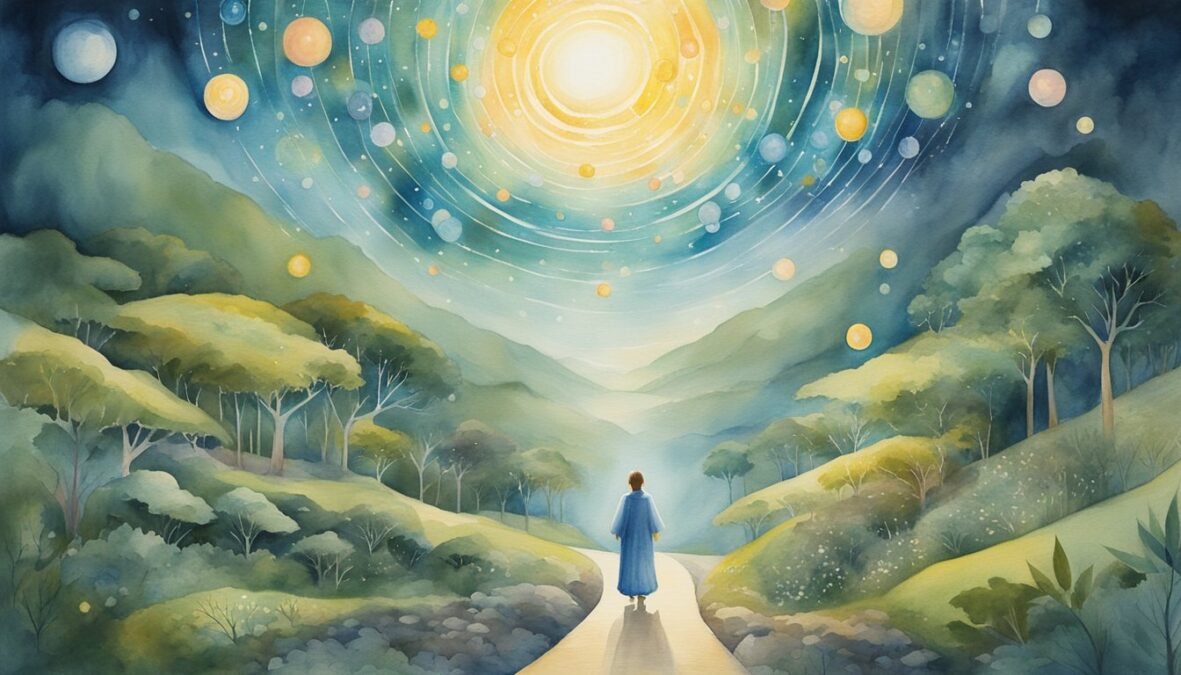 A figure stands at the center of a winding path, surrounded by glowing orbs and symbols.</p></noscript><p>The number 1199 hovers in the air, radiating a sense of divine guidance and spiritual awakening