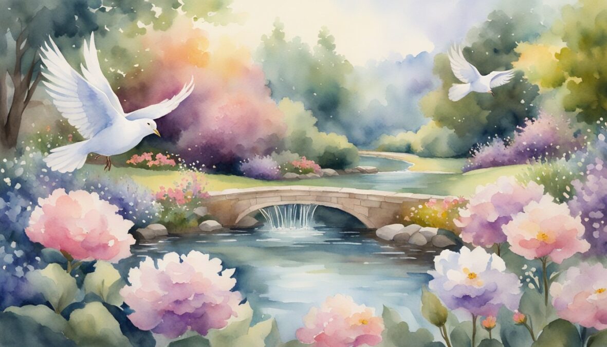 A serene garden with two hundred flowers in bloom, surrounded by a peaceful stream and a pair of doves in flight