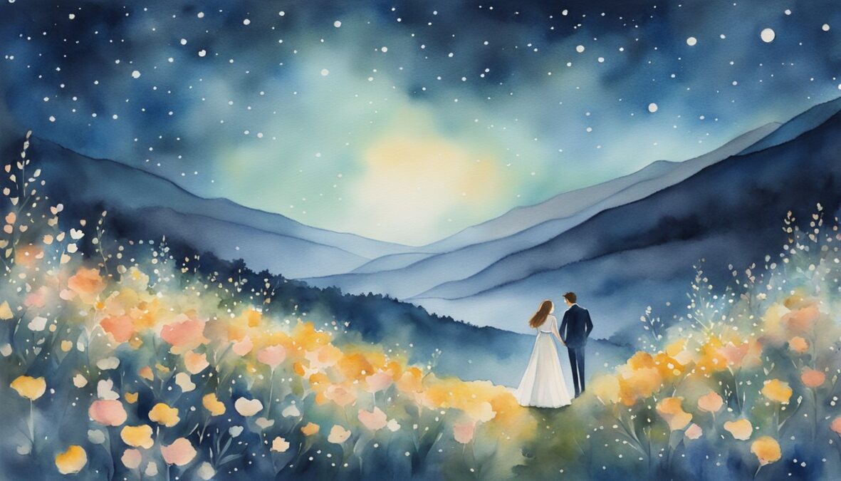 A couple embraces under a starry sky, surrounded by blooming flowers and a gentle breeze.</p><p>The number 225 glows in the distance, symbolizing love and relationships