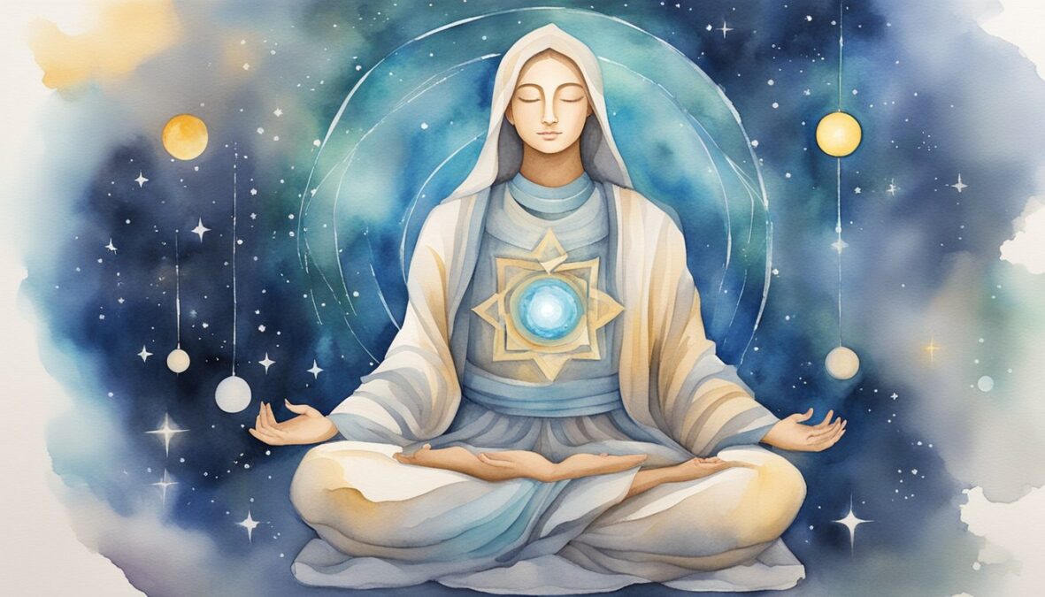 A serene figure meditates under a starry sky, surrounded by symbols of spirituality and enlightenment