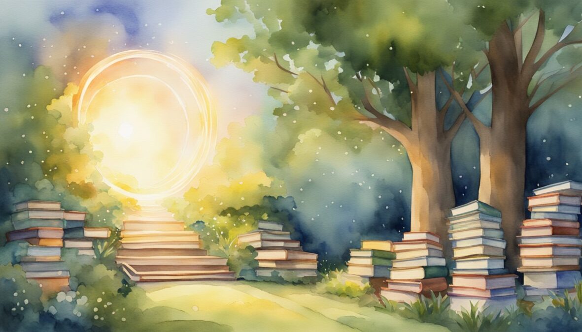 A glowing halo hovers over a stack of 31 books, with beams of light radiating outwards, illuminating a path towards a peaceful garden