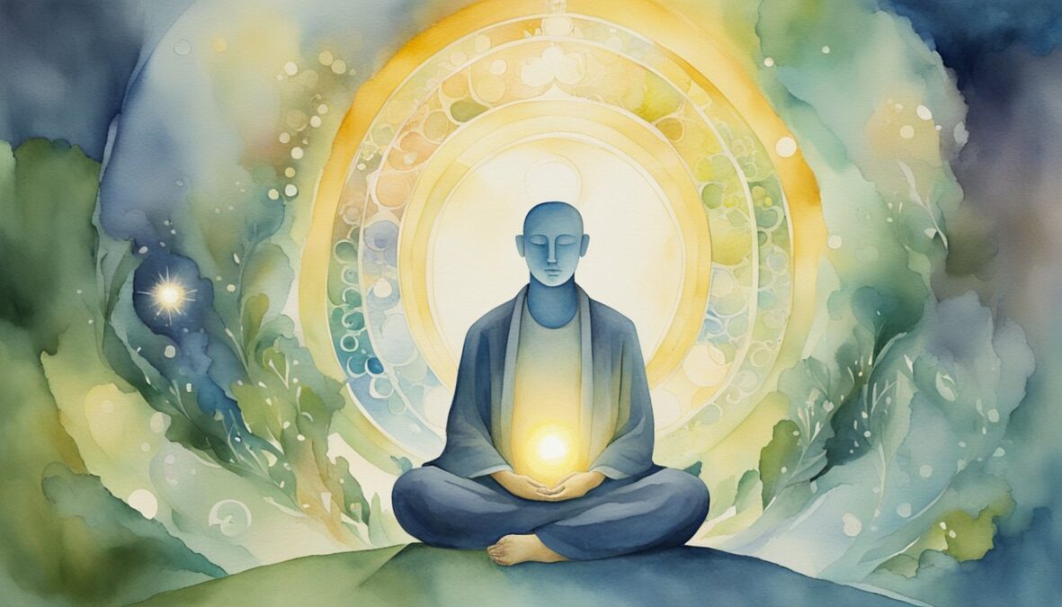 A figure sits in meditation, surrounded by symbols of growth and transformation.</p></noscript><p>A beam of light shines down, illuminating the number 324