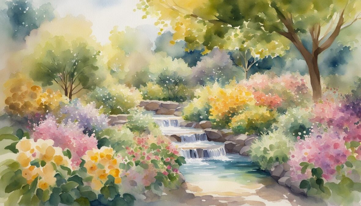 A lush garden with blooming flowers, overflowing fruit trees, and a flowing stream, surrounded by golden light and sparkling energy