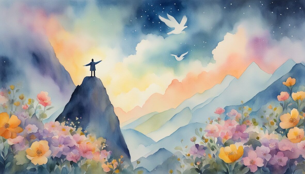 A figure stands atop a mountain, arms raised in triumph, surrounded by blooming flowers and soaring birds.</p><p>The number 336 glows in the sky