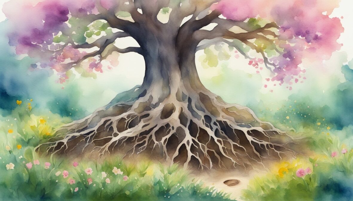 A tree with roots deep in soil, reaching towards the sky, surrounded by blooming flowers and vibrant greenery