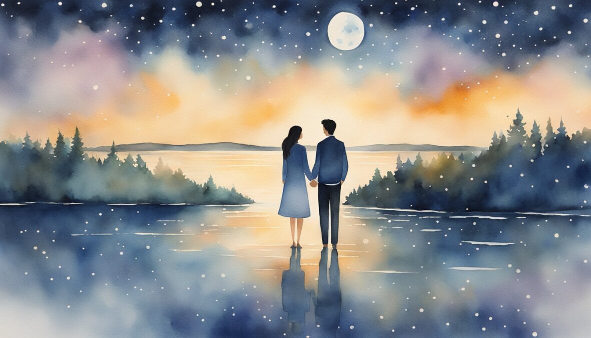 A couple stands beneath a starry sky, surrounded by the glow of 500 twinkling lights, symbolizing love and harmony