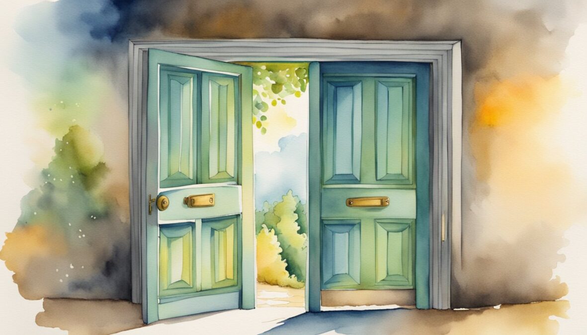 A door opens to reveal a path splitting into two directions, symbolizing life changes and opportunities.</p></noscript><p>The number 567 glows above, signifying guidance