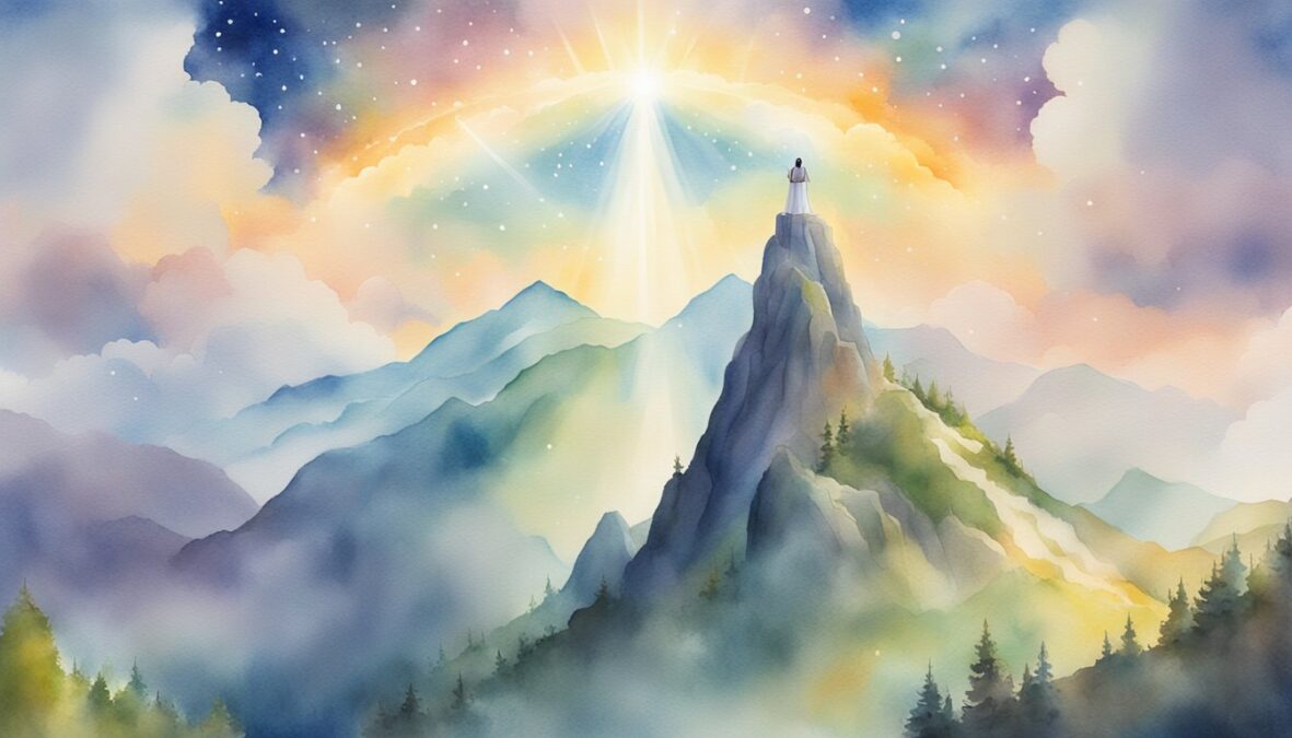 A glowing figure stands atop a mountain, surrounded by celestial symbols and rays of light, as a message of divine guidance appears in the sky