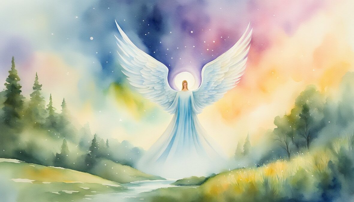 A glowing 7979 angel number hovers above a serene landscape, radiating powerful energy and divine guidance