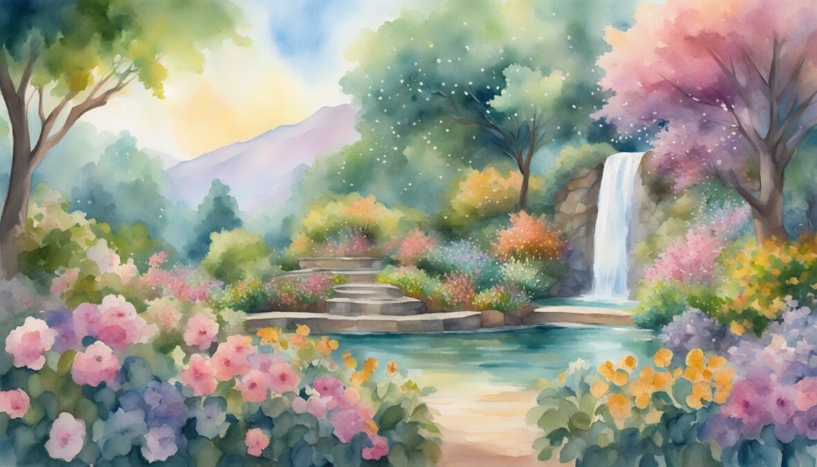 A garden with blooming flowers, overflowing fruit trees, and a waterfall surrounded by lush greenery, with the 800 800 angel number glowing in the sky
