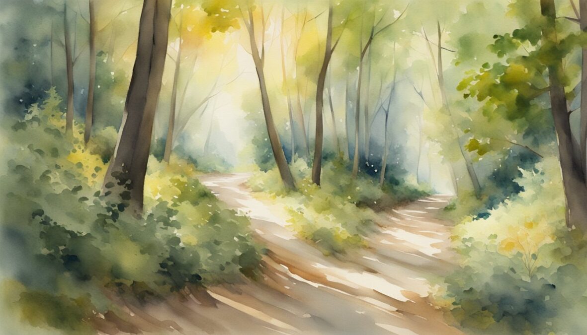A winding path through a serene forest, with sunlight filtering through the trees and a gentle breeze rustling the leaves