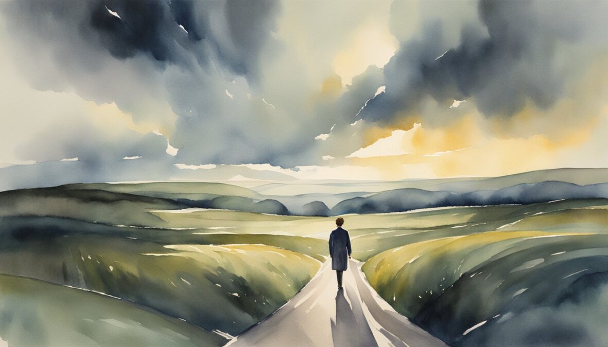 A figure stands at a crossroads, facing multiple paths.</p></noscript><p>Dark clouds loom overhead, but a ray of light breaks through, illuminating the way forward