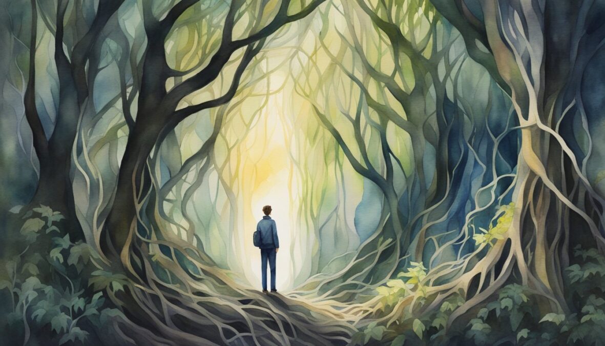 A figure standing in a dark forest, surrounded by tangled roots and thorny vines, with a bright light shining through the trees symbolizing hope and guidance