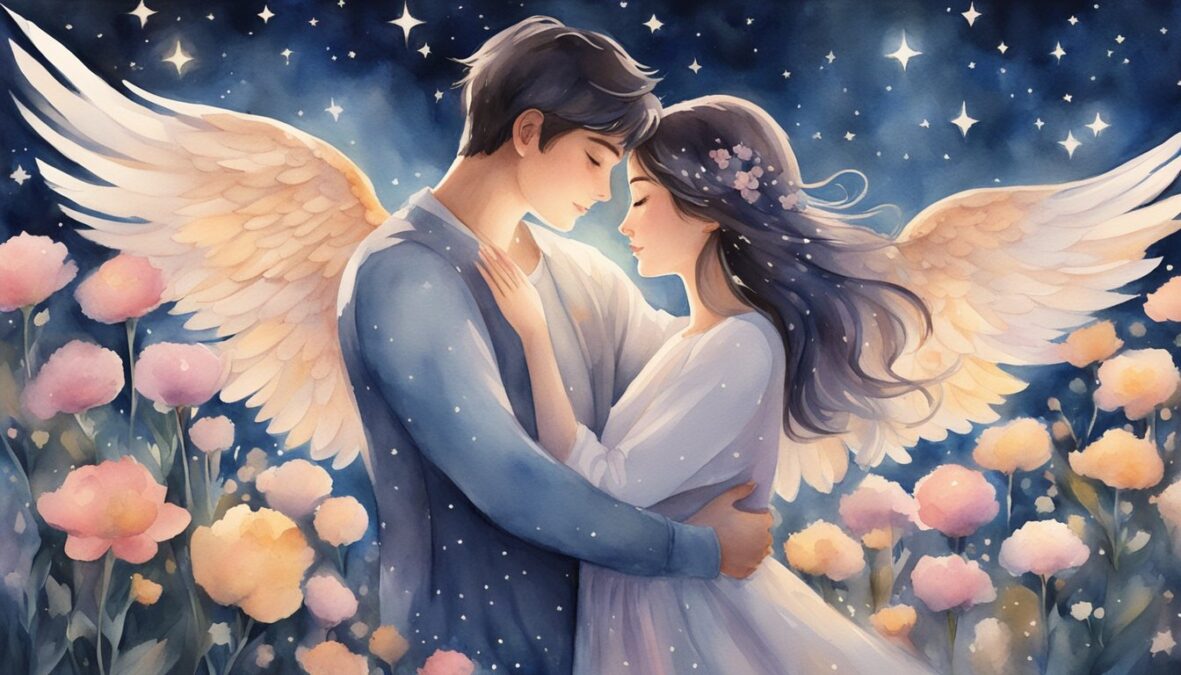 A couple embraces under a starry sky, surrounded by blooming flowers and a glowing 1127 angel number